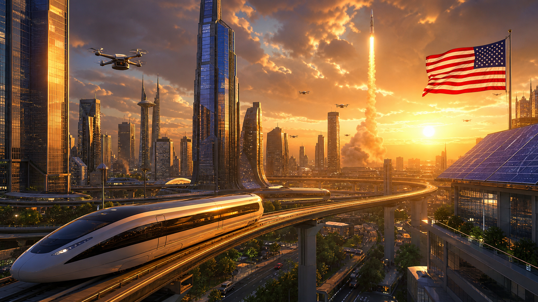 Futuristic American cityscape showcasing advanced technology and infrastructure